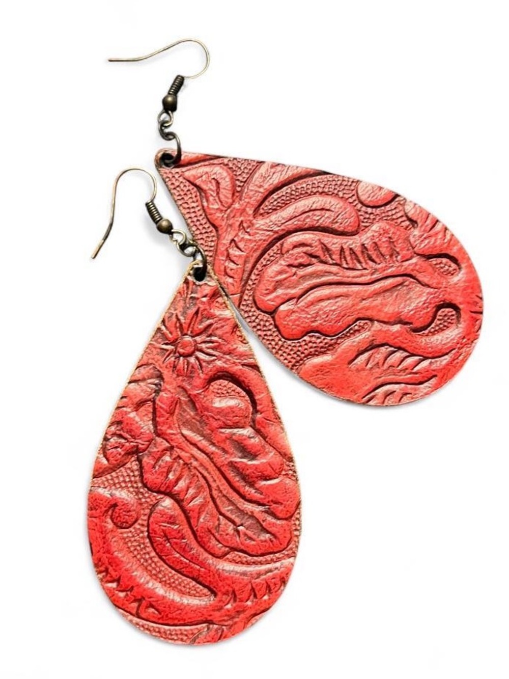 Red Tooled Leather Blessed Mess Custom Earrings